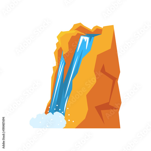 Cartoon natural spring waterfall pouring down from high mountain cliff. Source of clean and fresh water. Nature environment concept. Colorful flat vector design