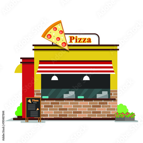 Pizza shop. The facade of shop icon in flat style design. Vector illustration..