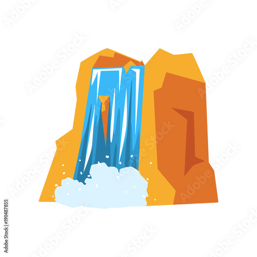 Colorful rocky mountain and beautiful waterfall with pure blue water. Element of landscape design. Nature concept. Cartoon flat vector illustration