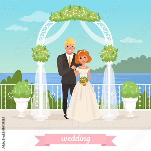 Bride and groom standing under floral arch. Wedding day. Couple in love. Woman in white dress, man in classic suit. Sea, blue sky and nature on background. Flat vector