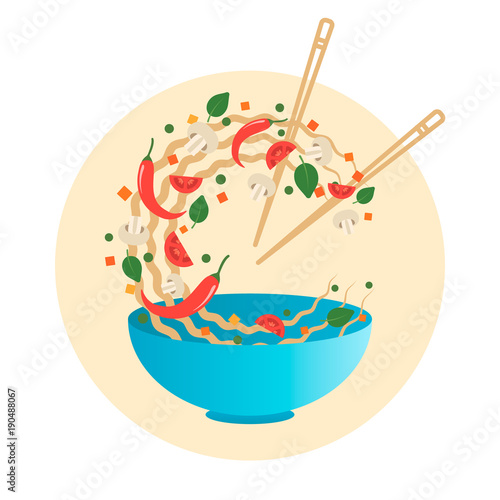 Stir fry vector illustration. Flipping Asian noodles with vegetables in a blue bowl. Cartoon flat style