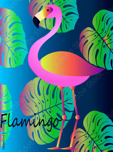 Pink tropical flamingo with exotic leaves - tropic background