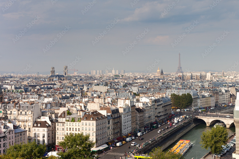 Aerial view of Paris, France in warm morning.