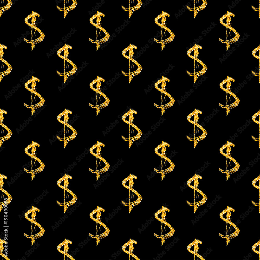 Golden dollars seamless pattern background. Template for a business card, banner, poster, notebook, invitation with modern hand drawn grunge calligraphy Golden dollars seamless pattern background. Template for a business card, banner, poster, notebook, invitation with modern hand drawn grunge calligraphy