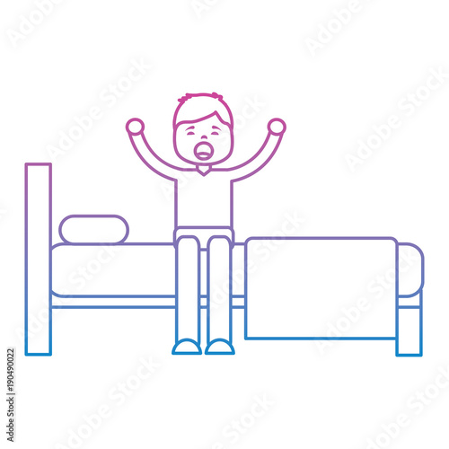 young man waking up sitting on bed with arms stretched vector illustration