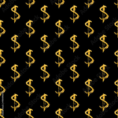 Golden dollars seamless pattern background. Template for a business card, banner, poster, notebook, invitation with modern hand drawn grunge calligraphy