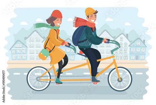 Couple riding tandem bicycle. Walking, sports, traveling. Flat design vector illustration.