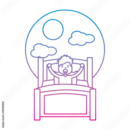 boy wake up stretching in wooden bed and morning day sun cloud vector illustration