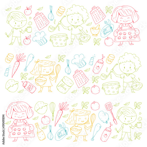 Chilren menu, kids cafe, restaurant. Kindergarten and preschool, school boys and girls. Healthy food and drink. Bakery, fruits, vegetables. Cooking class.