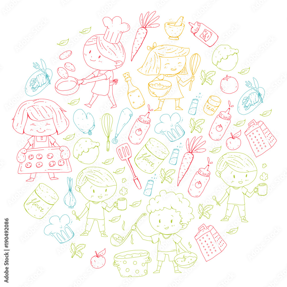 Chilren menu, kids cafe, restaurant. Kindergarten and preschool, school boys and girls. Healthy food and drink. Bakery, fruits, vegetables. Cooking class. Chilren menu, kids cafe, restaurant. Kindergarten and preschool, school boys and girls. Healthy food and drink. Bakery, fruits, vegetables. Cooking class.
