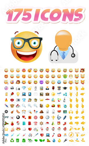 Set of 175 Realistic Cute Icons on Transparent Background . Isolated Vector Illustration 