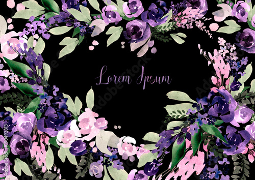 Beautiful watercolor wedding card with purple flowers.