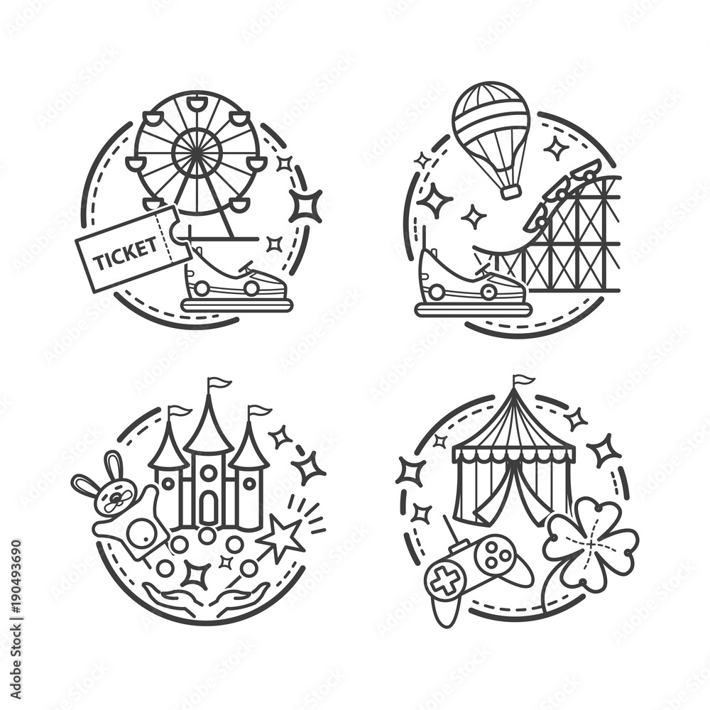 Amusement park illustrations, vector outline icons