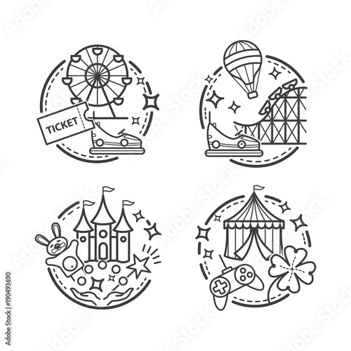 Amusement park illustrations, vector outline icons