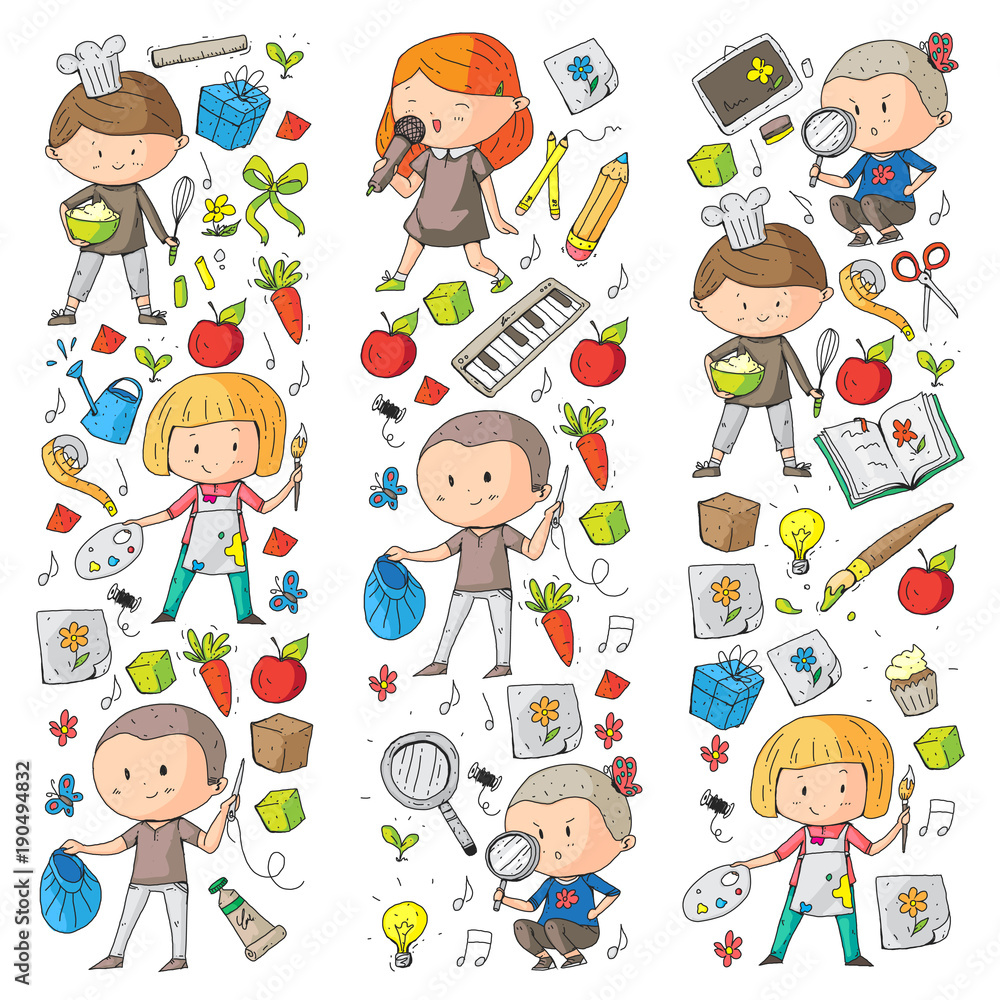 Fototapeta premium Children. School and kindergarten. Creativity and education. Music. Exploration. Science. Imagination. Play and study. Cooking. Singing. Reading. Different hobby and lessons. Vector illustration