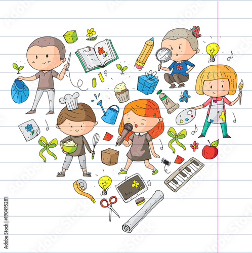 Children. School and kindergarten. Creativity and education. Music. Exploration. Science. Imagination. Play and study. Cooking. Singing. Reading. Different hobby and lessons. Vector illustration