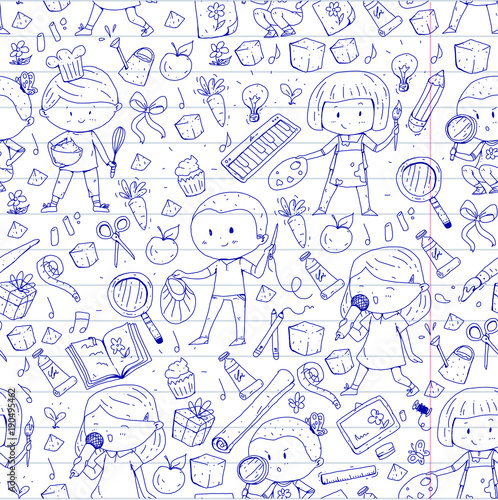 Children. School and kindergarten. Creativity and education. Music. Exploration. Science. Imagination. Play and study. Cooking. Singing. Reading. Different hobby and lessons. Vector illustration
