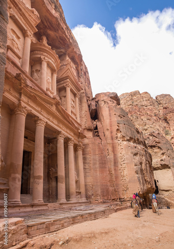 Large panoramic view of Al-Khazneh (The Treasury), Beautiful temple in the ancient Arab Nabatean Kingdom city of Petra.