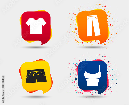 Clothes icons. T-shirt and pants with shorts signs. Swimming trunks symbol. Speech bubbles or chat symbols. Colored elements. Vector