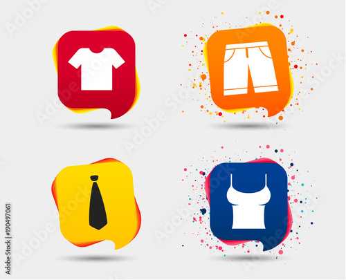 Clothes icons. T-shirt and bermuda shorts signs. Business tie symbol. Speech bubbles or chat symbols. Colored elements. Vector