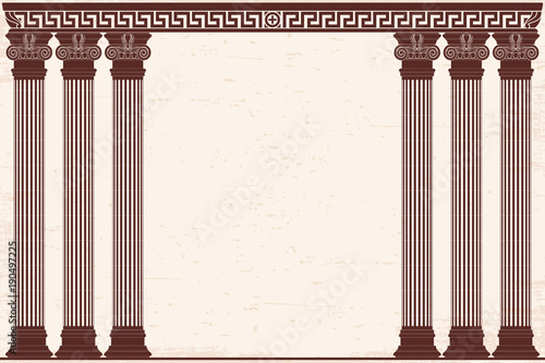 Ancient Greek background with six columns and a national ornament. Old beige papyrus with the aging effect.