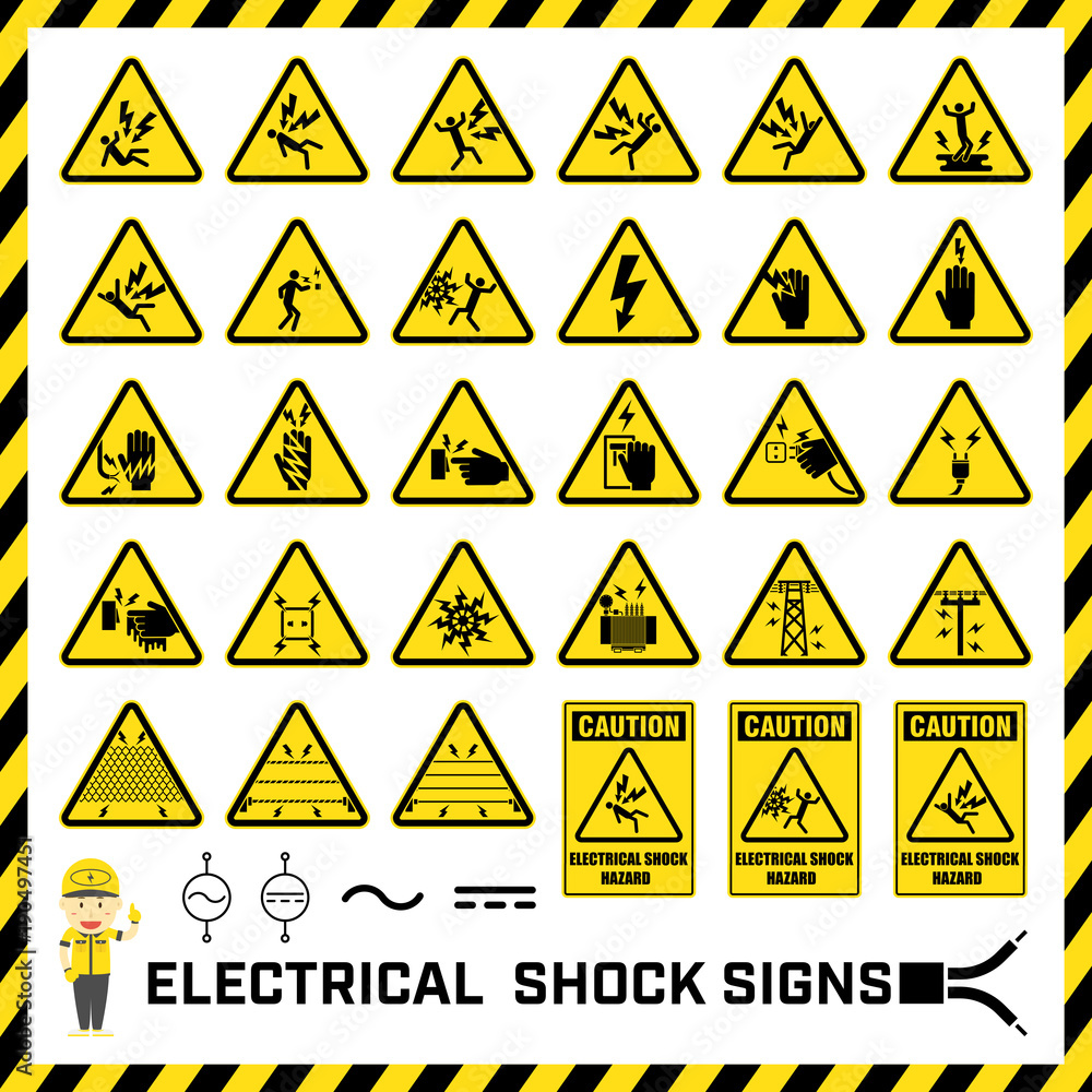 Set of safety caution signs and symbols of electrical shock hazards, Labels  and signs for caution messages of electrical operations. Stock Vector |  Adobe Stock