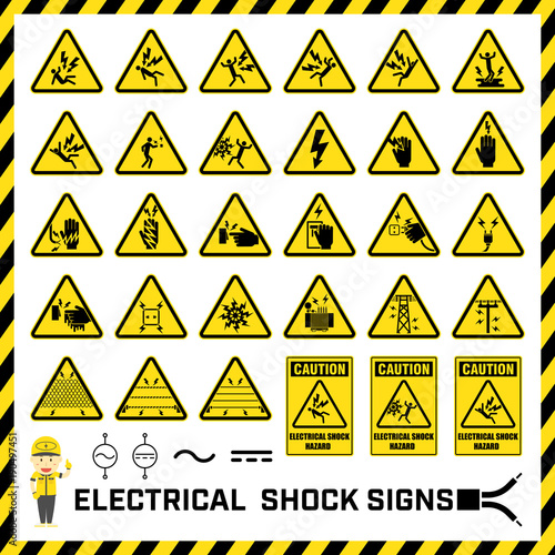 Set of safety caution signs and symbols of electrical shock hazards, Labels and signs for caution messages of electrical operations.