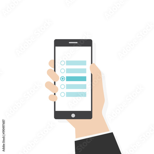 Customer survey flat vector illustration. Human hand holding black phone with survey. Checkbox with options to choose. Feedback pr opinion concept.