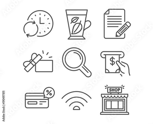 Set of Article, Research and Opened gift icons. Wifi, Mint leaves and Atm service signs. Cashback, Update time and Shop symbols. Feedback, Magnifying glass, Present box. Vector