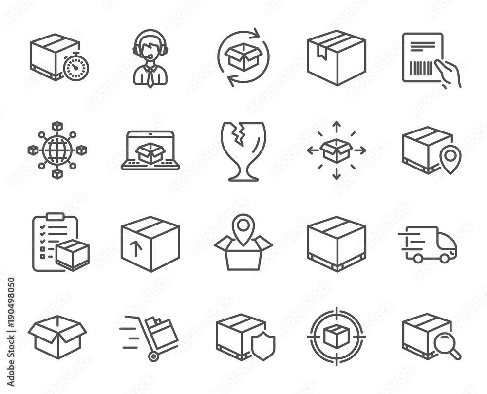 Logistics and Shipping line icons. Set of Truck Delivery, Box and Checklist signs. Push cart, Parcels tracking and World trade. Location pin, Goods Insurance and Document with barcode symbols. Vector Logistics and Shipping line icons. Set of Truck Delivery, Box and Checklist signs. Push cart, Parcels tracking and World trade. Location pin, Goods Insurance and Document with barcode symbols. Vector