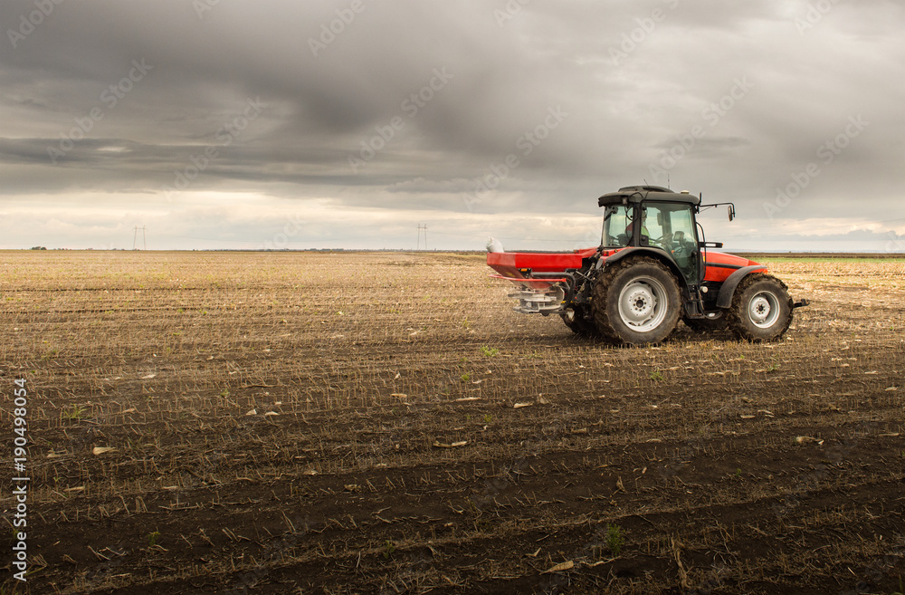 Fototapeta premium Farmer with tractor seeding - sowing crops at agricultural fields
