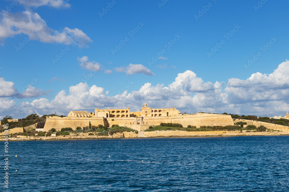 Maltese Fort Manoel on Malta, Gzira on Manoel Island seen from the ferry from Sliema to Valletta