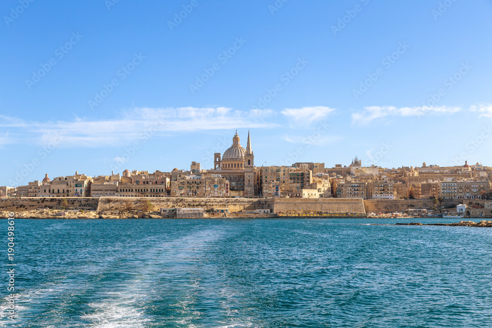 View of Valletta, capital city of Malta from a boat, known as Il-Belt in Maltese