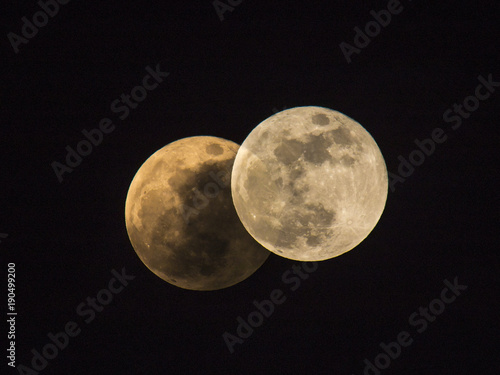 Double exposure of the 'supermoon' of January 31 2018 taken in the UK. Cloud cover on first moon.