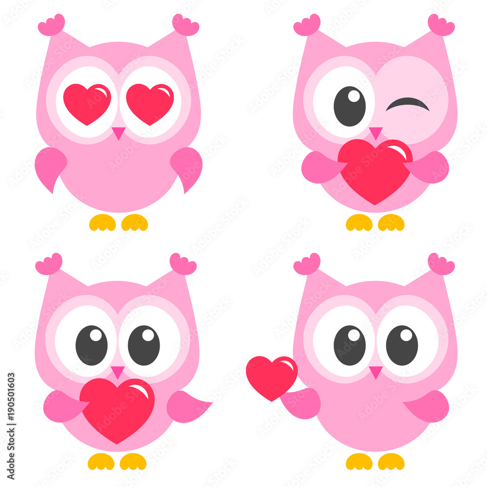 set of cute pink owls with hearts