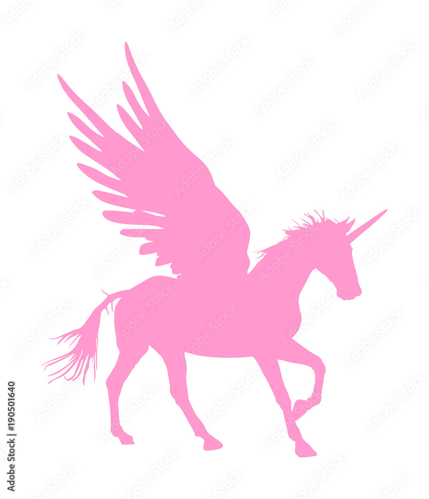 Cute magic Unicorn Pegasus vector silhouette isolated on white background. Pink Pegasus silhouette, majestic mythical Greek winged horse.  Mythology flying Horse from dream. Symbol of freedom.