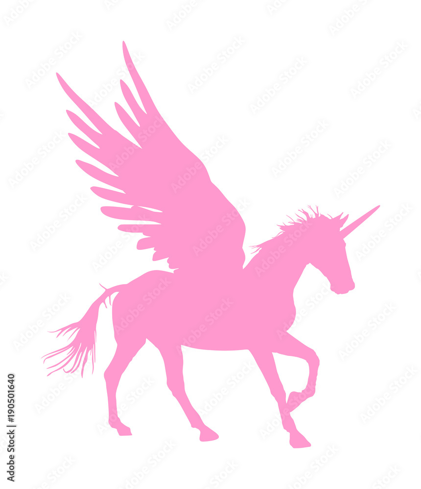 Cute magic Unicorn Pegasus vector silhouette isolated on white