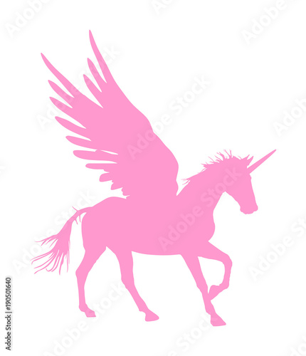 Cute magic Unicorn Pegasus vector silhouette isolated on white background. Pink Pegasus silhouette, majestic mythical Greek winged horse.  Mythology flying Horse from dream. Symbol of freedom.