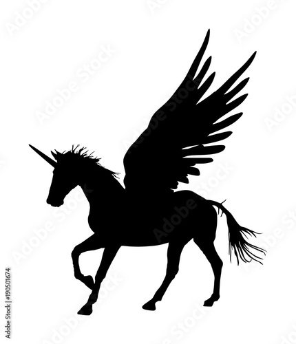 Cute magic Unicorn Pegasus vector silhouette isolated on white background. Pegasus silhouette  majestic mythical Greek winged horse.  Mythology flying Horse from dream. Symbol of freedom.