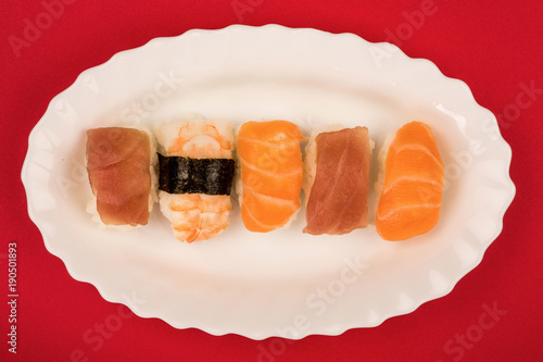 Japanese Style Prawn Salmon And Tuna Nigiri Sushi photo