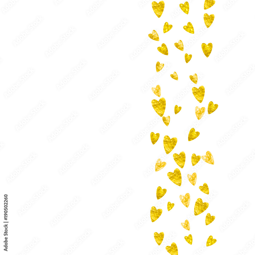 Heart border for Valentines day with gold glitter. February 14th day. Vector confetti for heart border template. Grunge hand drawn texture. Love theme for gift coupons, vouchers, ads, events.