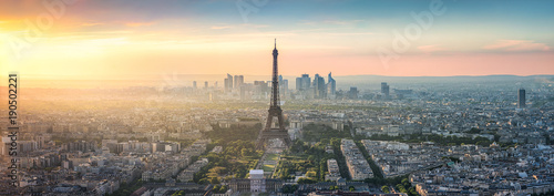 Canvas Print Paris Skyline Panorama bei Sonnenuntergang mit Eiffelturm
