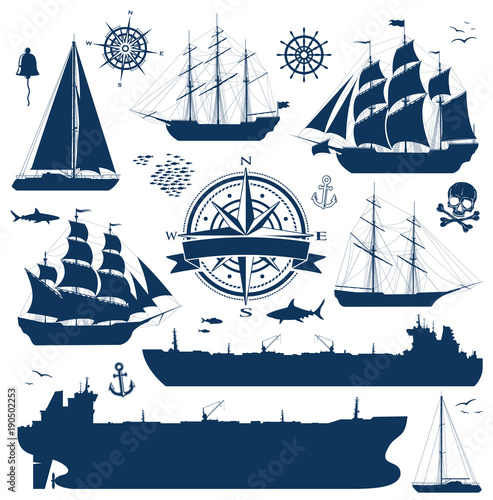 Fotografia Set of fully rigged sailing ships, yachts and oil tankers silhouettes isolated on white background