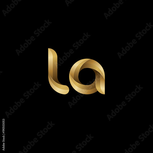 Initial lowercase letter la, swirl curve rounded logo, elegant golden color on black background