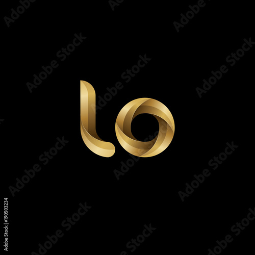 Initial lowercase letter lo, swirl curve rounded logo, elegant golden color on black background