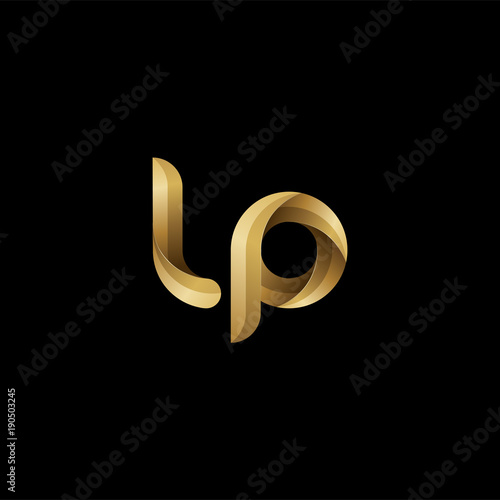 Initial lowercase letter lp, swirl curve rounded logo, elegant golden color on black background