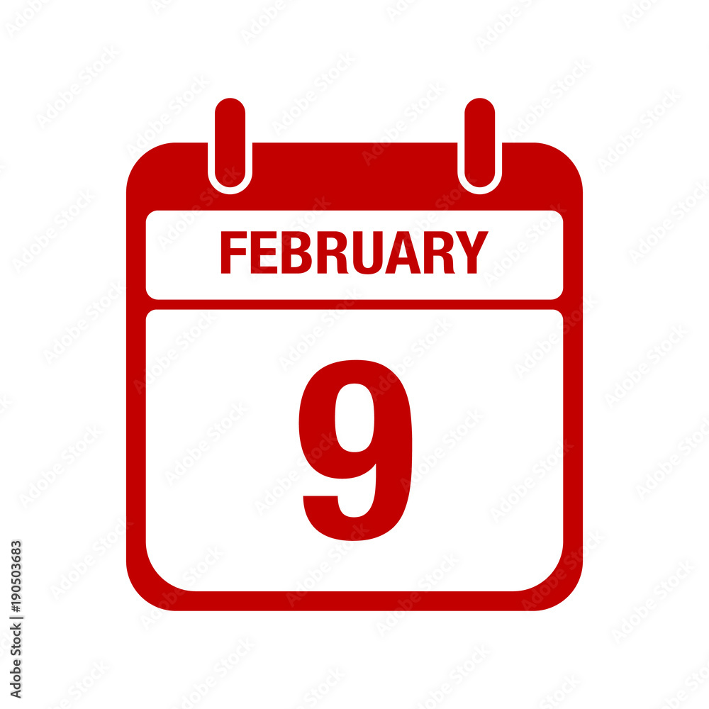 9 February calendar red icon. nine 9 February calendar red icon. nine