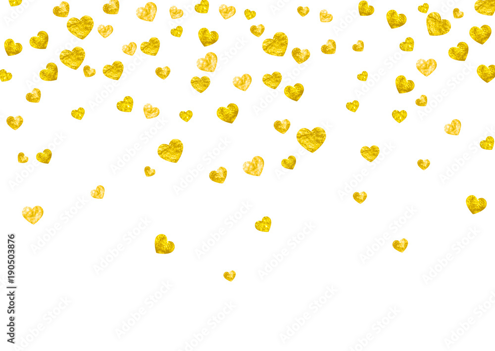 Heart border for Valentines day with gold glitter. February 14th day. Vector confetti for heart border template. Grunge hand drawn texture. Love theme for flyer, special business offer, promo.