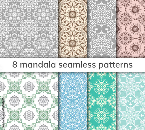 Set of 8 patterns. Collection arabic, indian, japanese, islamic motifs. Mandala seamless pattern.