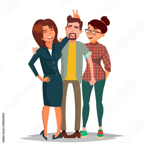 Friends Taking Photo Vector. Laughing People Group, Office Colleagues. Creative Man And Women. Friendship Concept. Isolated Cartoon Illustration